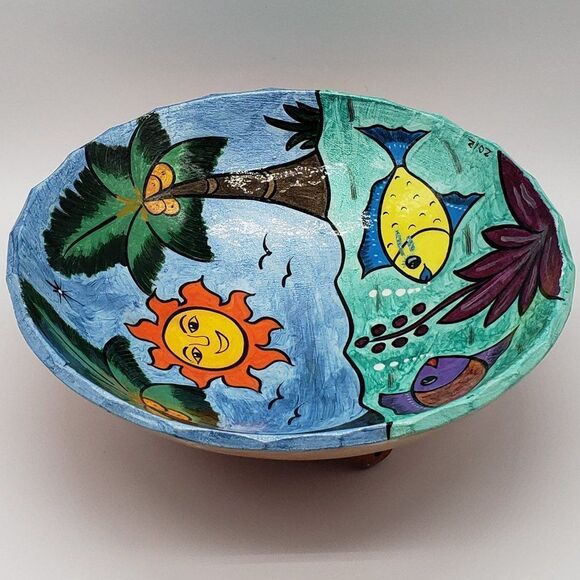 Mexican Hand Painted Folk Art Storyteller Sun, Trees & Fish 3 Footed Bowl - 2012 - Picture 10 of 10